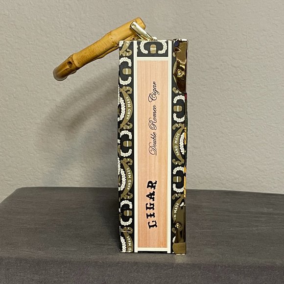 Cigar Box Purse w/Bamboo Handle & Leopard Fabric Interior - Picture 5 of 7